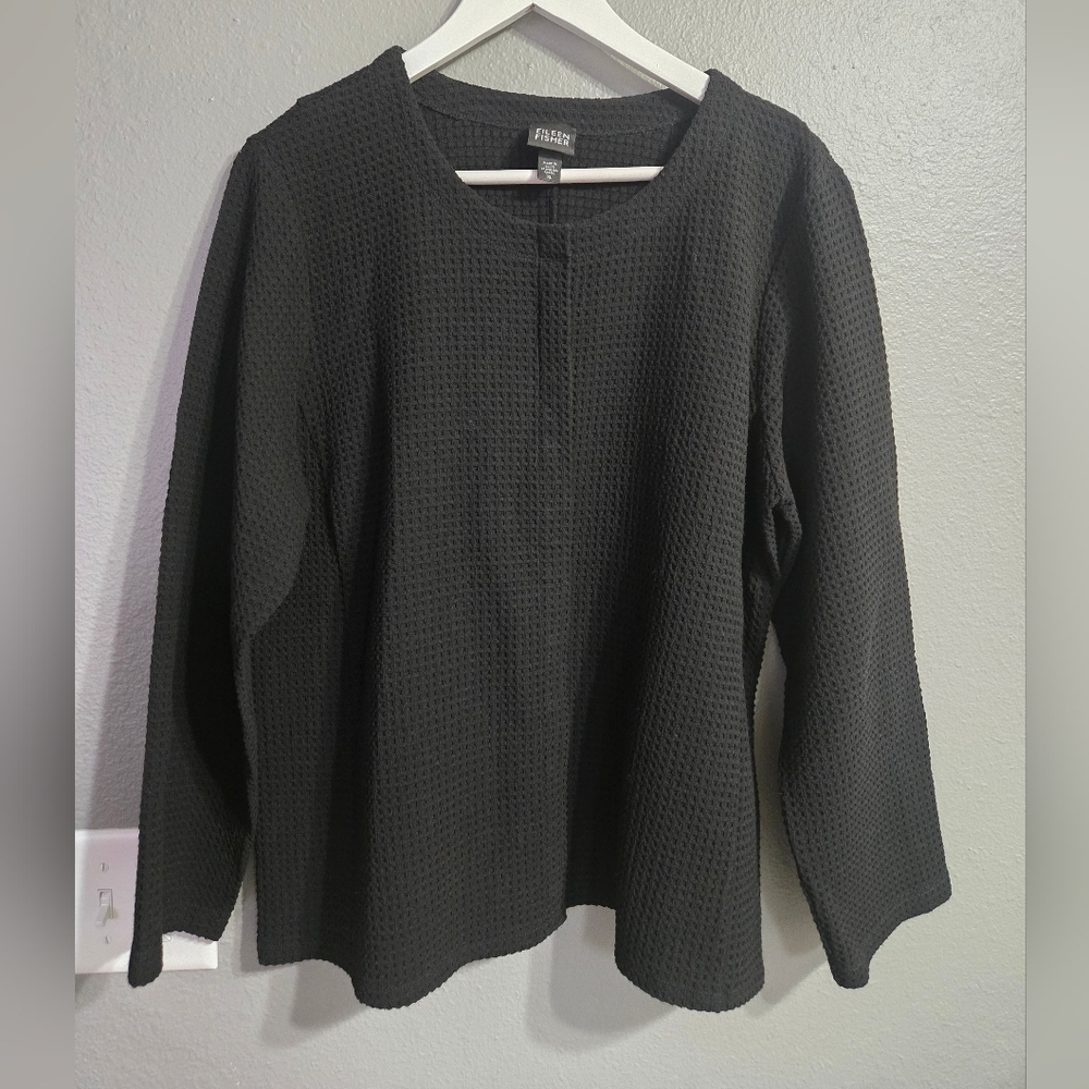 Eileen Fisher Black Waffle Knit Snap Button Sweater Size XL